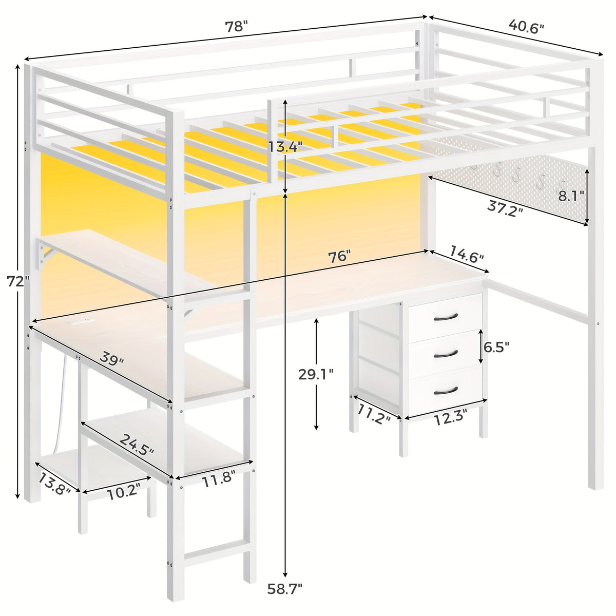 Loft Bed with L-Shaped Desk, Twin Size Bed with LED Lights and Charging Station, Twin Metal Loft Bed Frame with Drawers and Shelve, 13.4\
