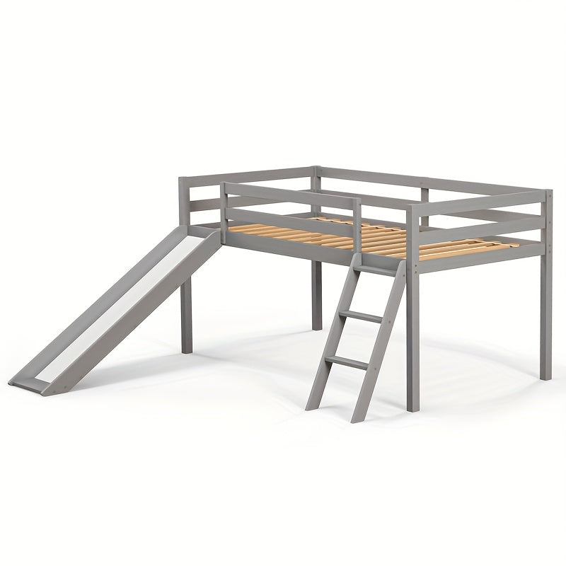Twin Loft Bed With Slide And Ladder, Solid Pine Wood Bed Frame With Storage Space, Low Height Design, Interchangeable Ladder & Slide, Safety Guardrails
