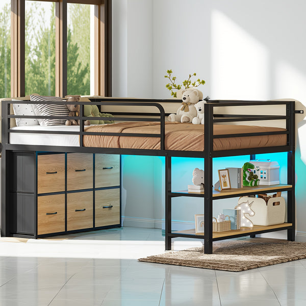 Storage Loft Bed With LED Metal Twin Loft Bed With 6 Storage Drawers & Open Shelves | LED Lights, 15\