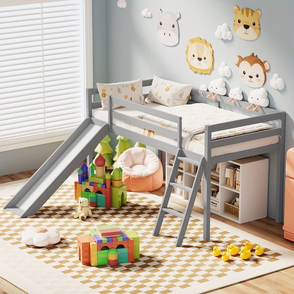 Twin Loft Bed With Slide And Ladder, Solid Pine Wood Bed Frame With Storage Space, Low Height Design, Interchangeable Ladder & Slide, Safety Guardrails