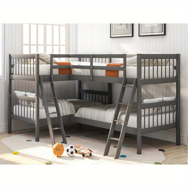 RIDFY L-Shaped Bunk Bed with Ladder, Twin Size-Gray