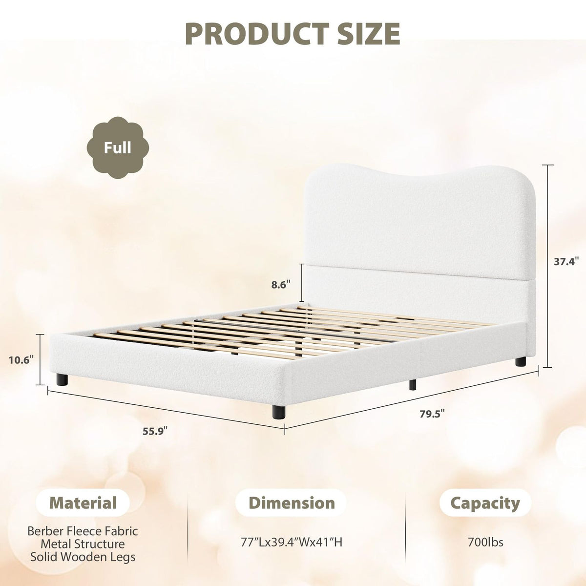 Full Size Bed Frame for Kids with Velvet Upholstered Headboard, Cute Low Profile Platform Bed for Girls and Boys, No Box Spring Needed, Strong Wooden Slats, Noise Free, Easy Assembly, White, Childrens Bed, Kids Bedroom Furniture, Contemporary Design