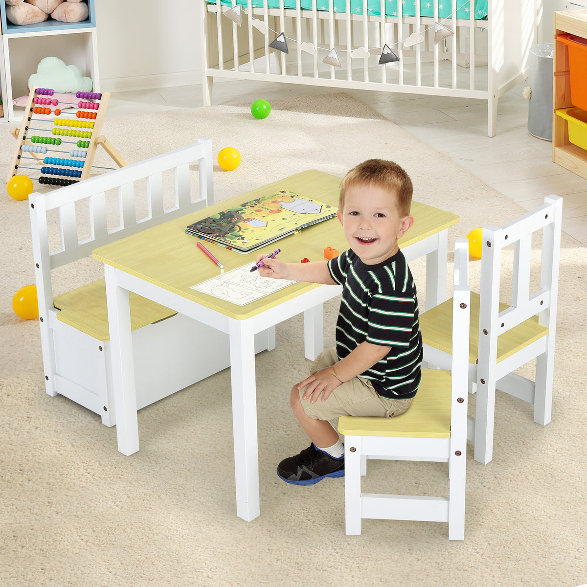 GIANTEX 4pcs Kids Wooden Activity Table & Chairs Set w\u002FStorage Bench Study Desk Natural