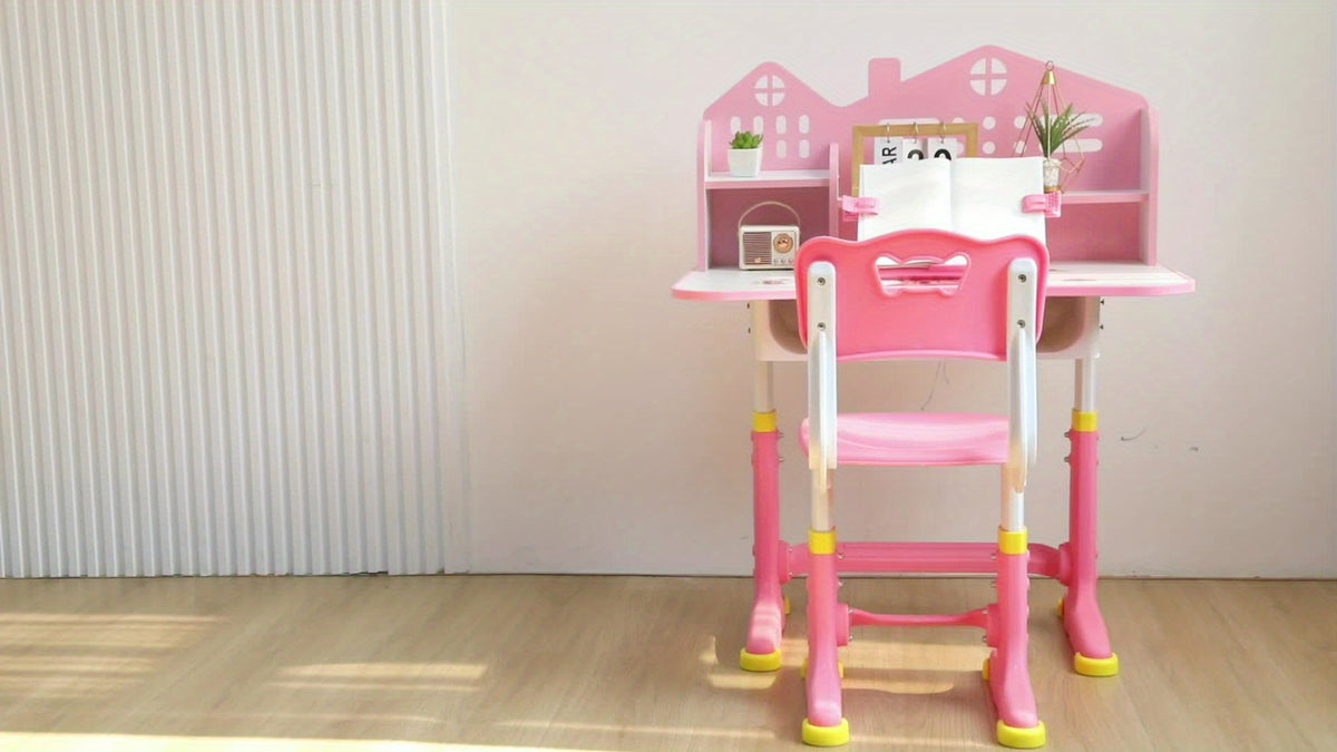 2pcs Set 41.37*28.57*19.11 inch Multi Bookcase Wider Desktop Table and Chair Set Cartoon Pattern Adjustable Height Study Drawer Table with Chair