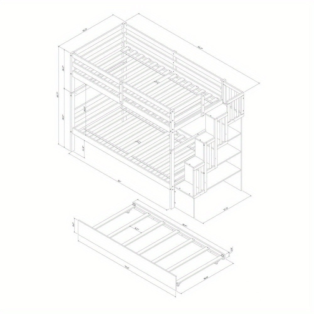RIDFY Twin over Twin Bunk Bed with Twin Trundle & Stairway Storage - Space-Saving Hardwood Frame, Retro Style, Easy Assembly, Grey - Ideal for Youngsters' Rooms, Guest Bedrooms, Dorms