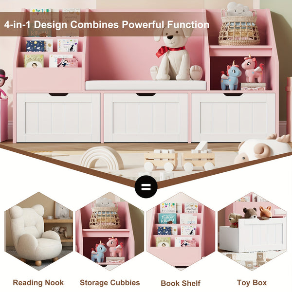 55.1'' White Bookshelf, Bookshelf With Reading Corner, Storage Cabinet With Seat Cushion And 3 Movable Drawers, Storage Bins And Storage Cabinet With Bench For Playroom, Living Room