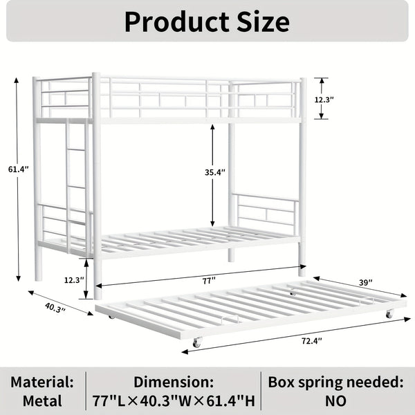 Twin Over Twin Bunk Bed With Trundle, Metal Bunkbeds With Ladder And Full-Length Guardrail, Noise Free, No Box Spring Needed