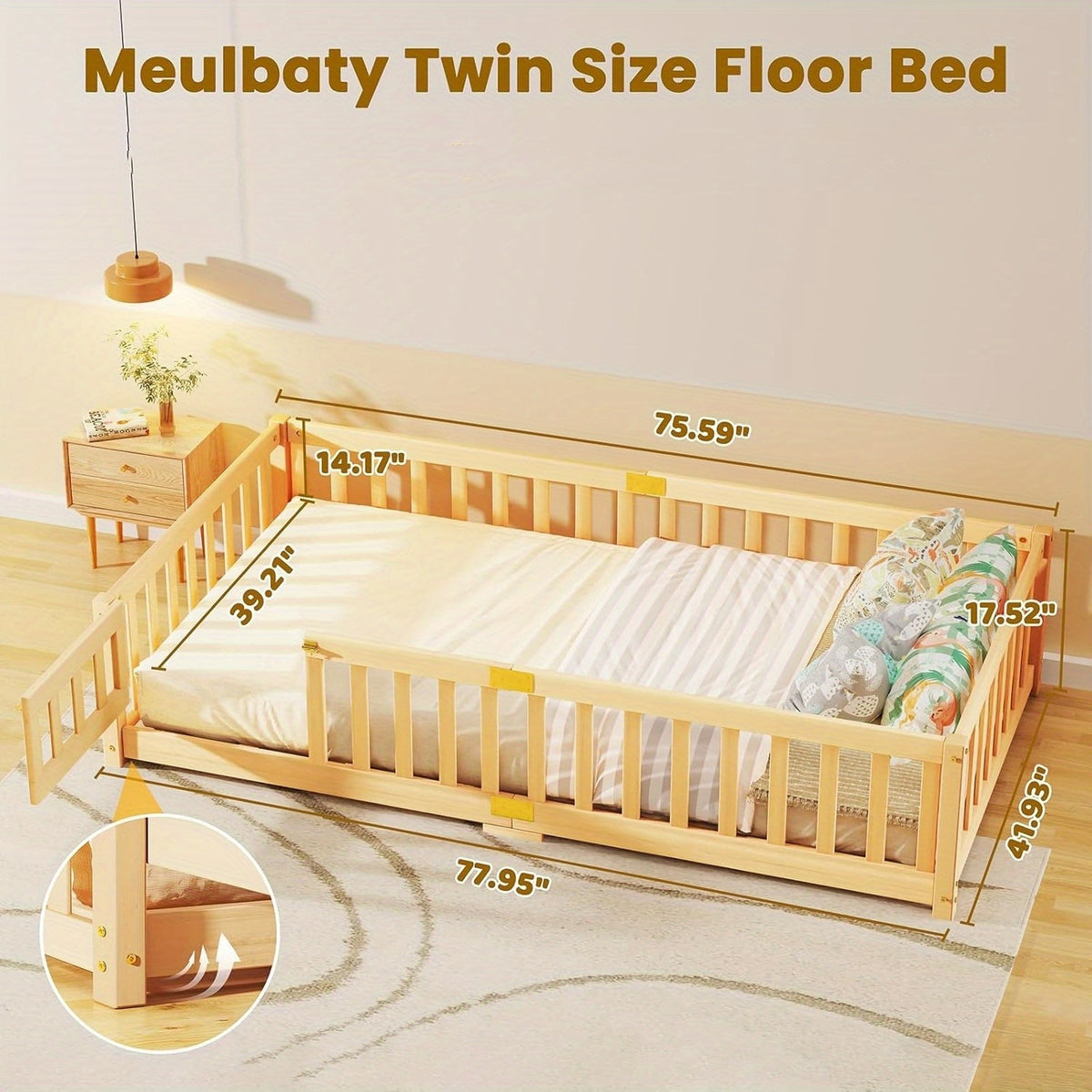 MOPHOTO Montessori Toddler Floor Bed With Safety Rails & Lockable Door - Full Size Kids Bed Frame For 1-3 Years Old, Natural Wood Child Bed For Safe Sleep & Independence Without Mattress