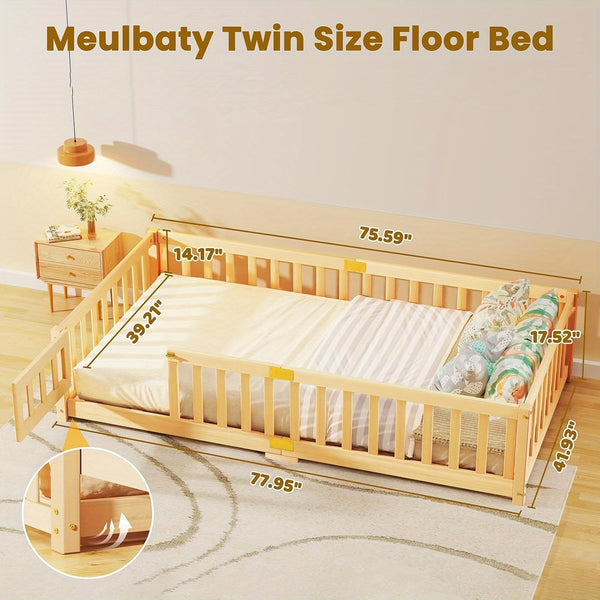 MOPHOTO Montessori Toddler Floor Bed With Safety Rails & Lockable Door - Full Size Kids Bed Frame For 1-3 Years Old, Natural Wood Child Bed For Safe Sleep & Independence Without Mattress