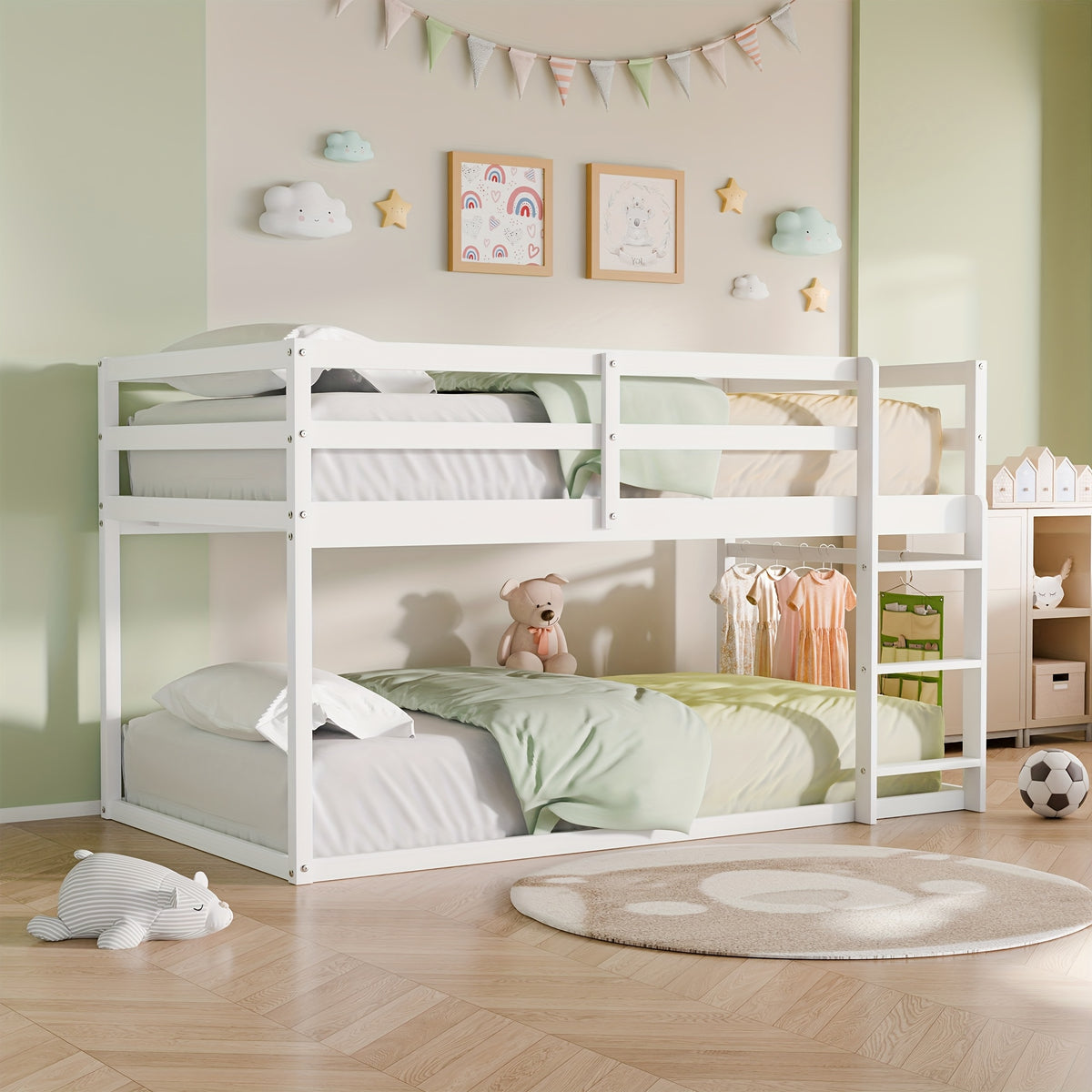 Bunk Low Bed, Solid Wood Twin Bunk Bed Frame With Full Guardrails And Integrated Ladder, Floor Bunk Bed For Bedroom