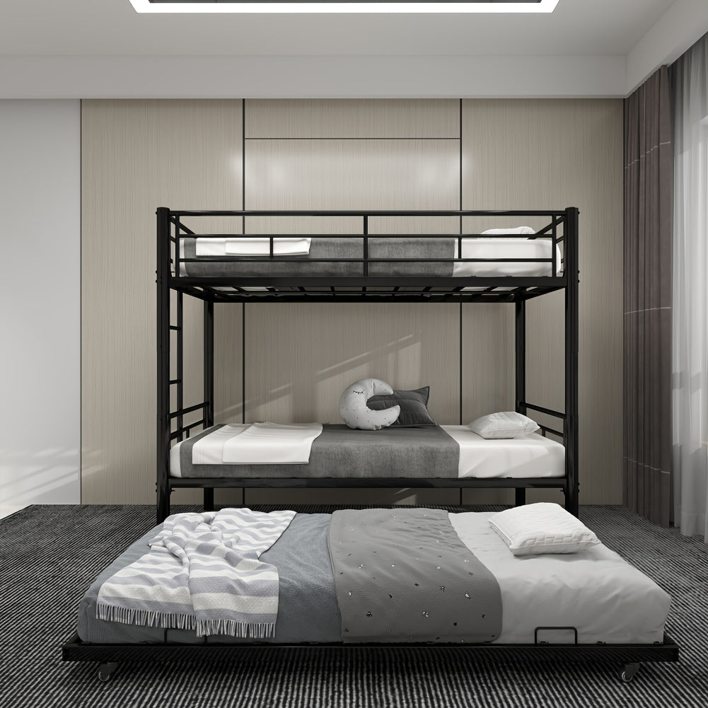 Twin Over Twin Bunk Bed With Trundle, Metal Bunkbeds With Ladder And Full-Length Guardrail, Noise Free, No Box Spring Needed
