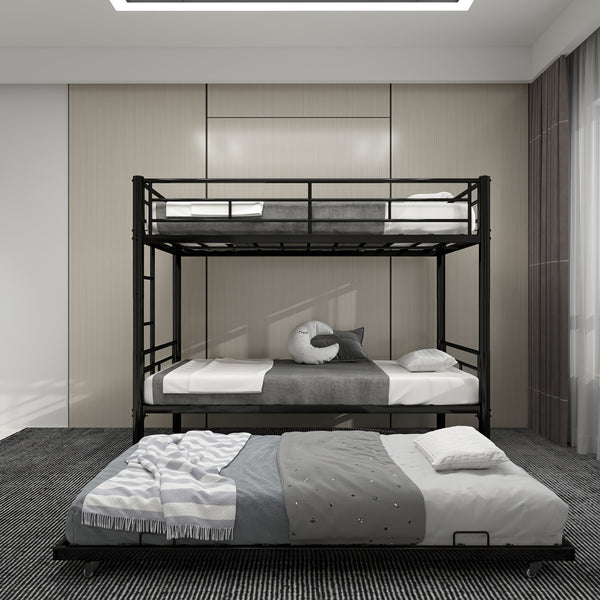 Twin Over Twin Bunk Bed With Trundle, Metal Bunkbeds With Ladder And Full-Length Guardrail, Noise Free, No Box Spring Needed