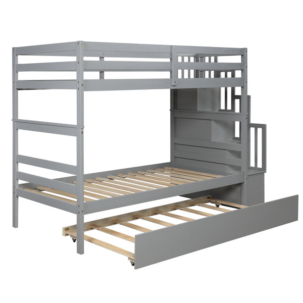 RIDFY Twin over Twin Bunk Bed with Twin Trundle & Stairway Storage - Space-Saving Hardwood Frame, Retro Style, Easy Assembly, Grey - Ideal for Youngsters' Rooms, Guest Bedrooms, Dorms
