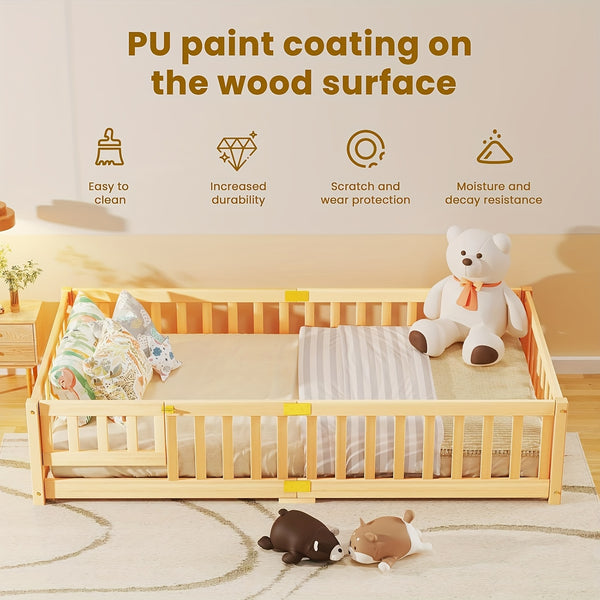 MOPHOTO Montessori Toddler Floor Bed With Safety Rails & Lockable Door - Full Size Kids Bed Frame For 1-3 Years Old, Natural Wood Child Bed For Safe Sleep & Independence Without Mattress