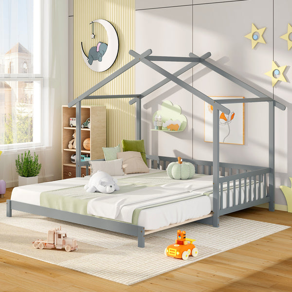 COSTWAY Adjustable Kids Bed Frame, Classic Style Wooden Daybed with Roof and Side Rails, Extendable from Twin to King Size, Hardwood and Wood-Based Panel Construction, with No Box Spring Required for Children 6-12 Years Old