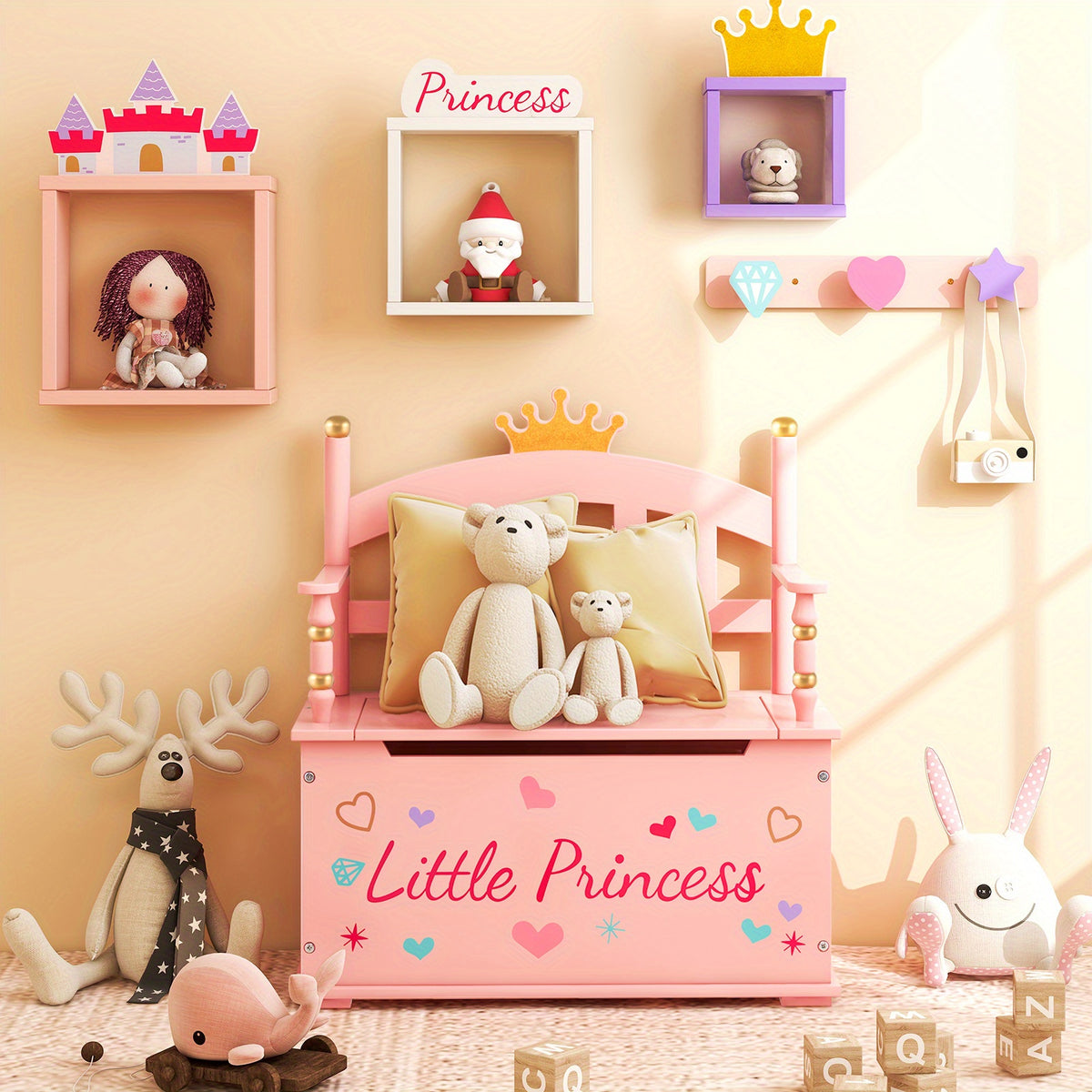 COSTWAY Kids Toy Storage Organizer, 2-in-1 Toy Storage Chest & Bench, w\u002F Safety Hinge & High Backrest, Cute Crown Pattern, Toy Storage Organizer for Kids Room, Playroom, Nursery