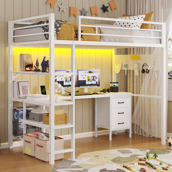 Loft Bed with L-Shaped Desk, Twin Size Bed with LED Lights and Charging Station, Twin Metal Loft Bed Frame with Drawers and Shelve, 13.4\