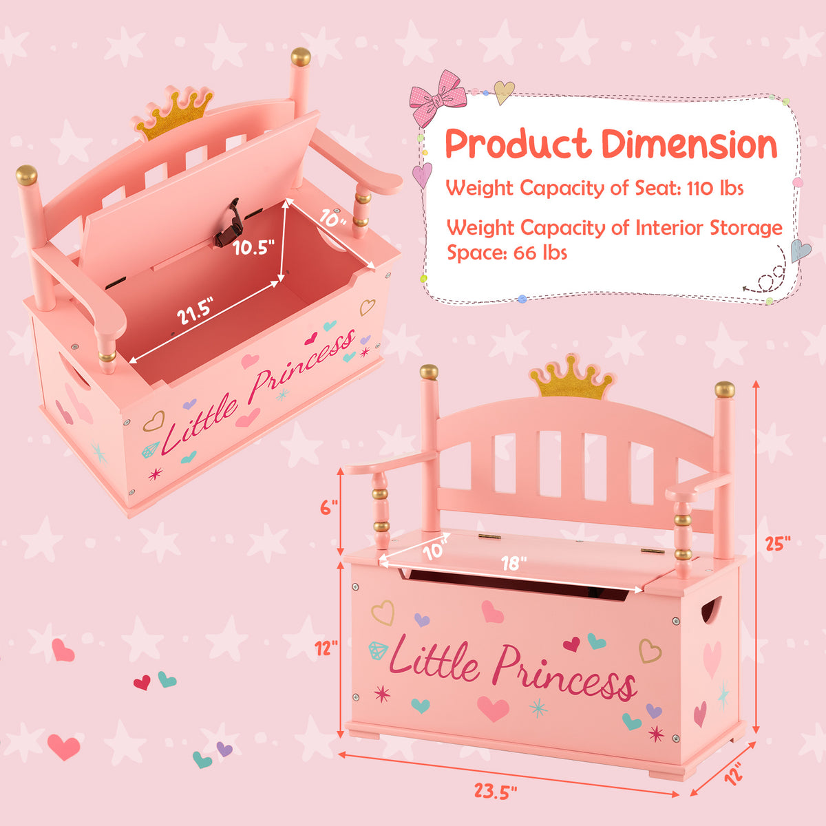 COSTWAY Kids Toy Storage Organizer, 2-in-1 Toy Storage Chest & Bench, w\u002F Safety Hinge & High Backrest, Cute Crown Pattern, Toy Storage Organizer for Kids Room, Playroom, Nursery