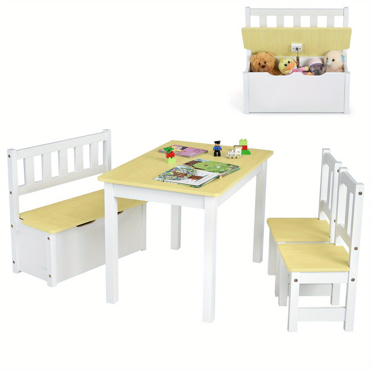 GIANTEX 4pcs Kids Wooden Activity Table & Chairs Set w\u002FStorage Bench Study Desk Natural