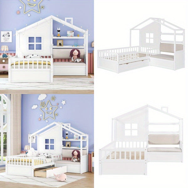 Twin Size House Bed with Sofa Platform Bed with Two Storage Drawers & Built-In Shelf - White Contemporary 'ouse-Shaped Bed Frame with Sturdy MDF\u002FPlywood Construction, Space-Saving Design for Small Rooms, Easy Assembly, 250lb Weight Capacity - Ideal