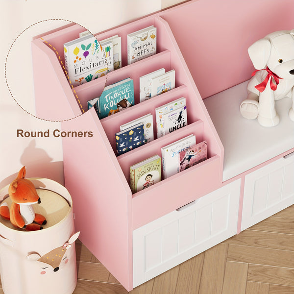 55.1'' White Bookshelf, Bookshelf With Reading Corner, Storage Cabinet With Seat Cushion And 3 Movable Drawers, Storage Bins And Storage Cabinet With Bench For Playroom, Living Room
