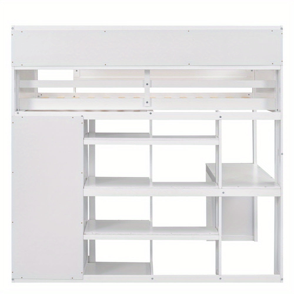 Wood Twin Size Loft bed with Multiple Storage Shelves and Wardrobe, White