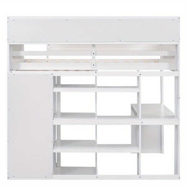 Wood Twin Size Loft bed with Multiple Storage Shelves and Wardrobe, White
