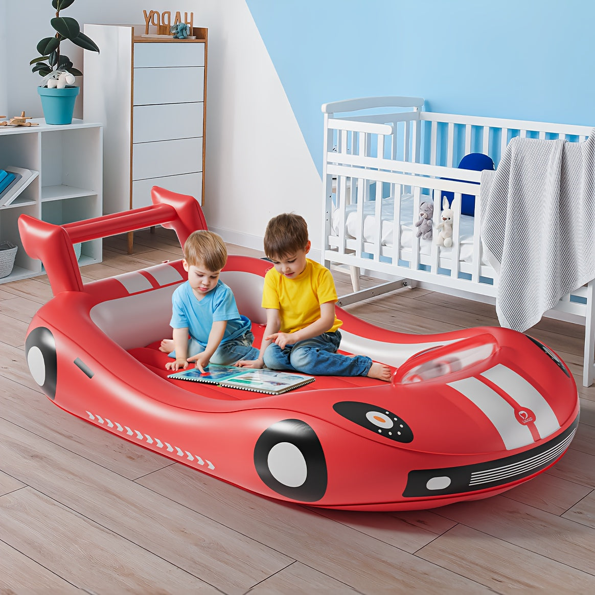 Inflatable Kids Bed with Sides - Race Car Design Portable Travel Bed with Hand Pump, Durable Plastic Construction & Safety Rails, Indoor\u002FOutdoor Air Mattress for Camping, Hotels, Home Use - No Assembly Required, Lightweight & Easy Setup