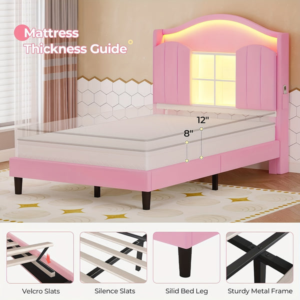 Upholstered Princess Twin Bed with LED Lights & Power Outlts, Storage Headboard Platform Bed