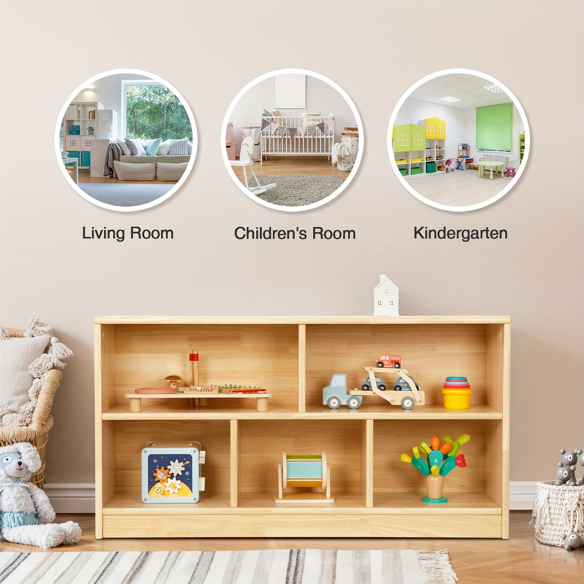 All Solid Rubber Wood Shelf - 5-Compartment 43.3\