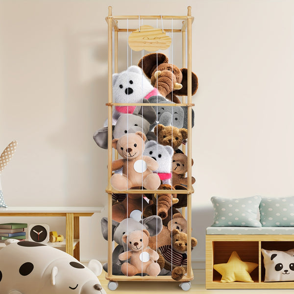 Zoo Animal Wooden Storage Rack 3-Tier Sturdy Zoo Animal Wooden Storage Rack with Elastic Rope & Lockable Wheels - Cedar Finish Lightweight Organizer for Stuffed Animals, Perfect for Bedroom, Ideal Christmas Gift