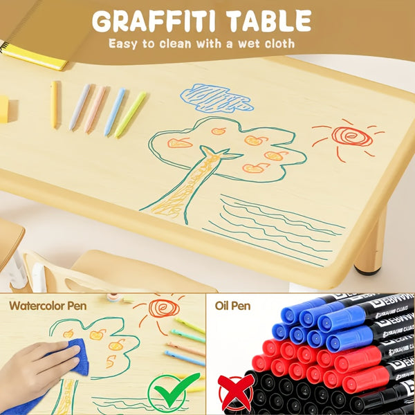 Kids Table And 4 Chair Set, Height Adjustable Table And Chair Set, Non-Slip Legs, Graffiti Desktop, Large Children Activity Table, Reading Daycare Classroom Home