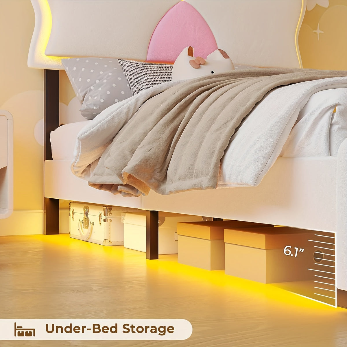 Twin Size Bed Frame With Storage Drawer LED Velvet Bed Frame Cute Girl Princess Twin Bed Butterfly Headboard Design No Box Spring Needed White
