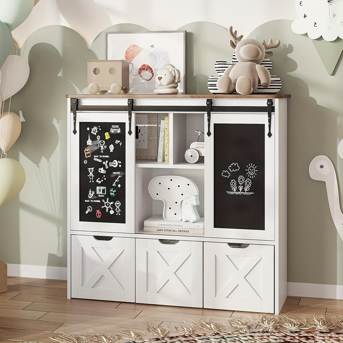 Storage Organizer With Sliding Blackboard, Bookshelf And Bookcase With 3 Movable Drawers & 5 Storage Cubbies, Multifunctional Storage Cabinet Chest For Playroom, Bed Room
