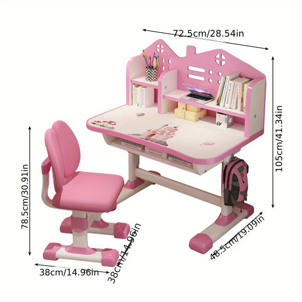 2pcs Set 41.37*28.57*19.11 inch Multi Bookcase Wider Desktop Table and Chair Set Cartoon Pattern Adjustable Height Study Drawer Table with Chair