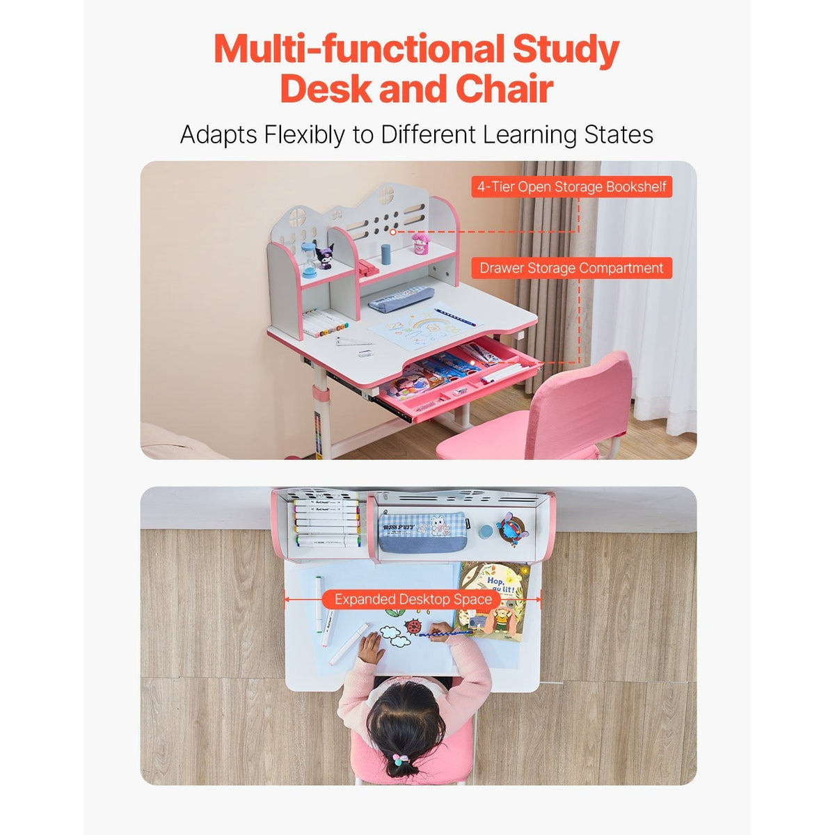 VEVOR Kids Study Chair and Desk Set, Study Desk and Chair for Kids with Bookshelf and Storage Drawer, Adjustable Height Kids Study Desk with Chair, Children Study Table for Bedroom & Study Room, Pink\u002Fblue 20.5-40.34inch\u002F20.5-43.5inch