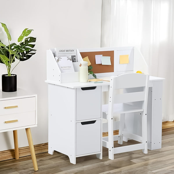 GAOMON Study Desk And Chair Set, Wooden School Learning Table With Storage, Hutch And Bulletin Board, Children Computer Desk With Chair, Small Toddler Desk For Home, School, White