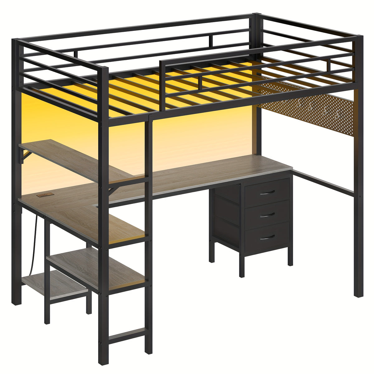 Loft Bed with L-Shaped Desk, Twin Size Bed with LED Lights and Charging Station, Twin Metal Loft Bed Frame with Drawers and Shelve, 13.4\