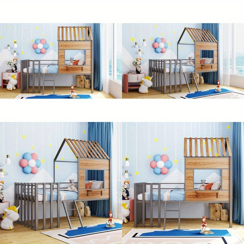 Metal Twin size Loft Bed with Roof Window Guardrail Ladder Silver