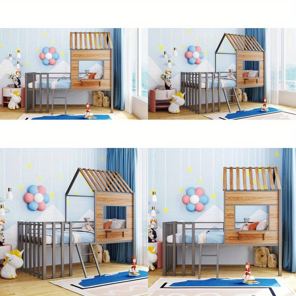 Metal Twin size Loft Bed with Roof Window Guardrail Ladder Silver