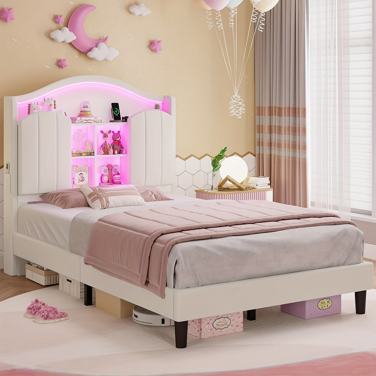 Upholstered Princess Twin Bed with LED Lights & Power Outlts, Storage Headboard Platform Bed