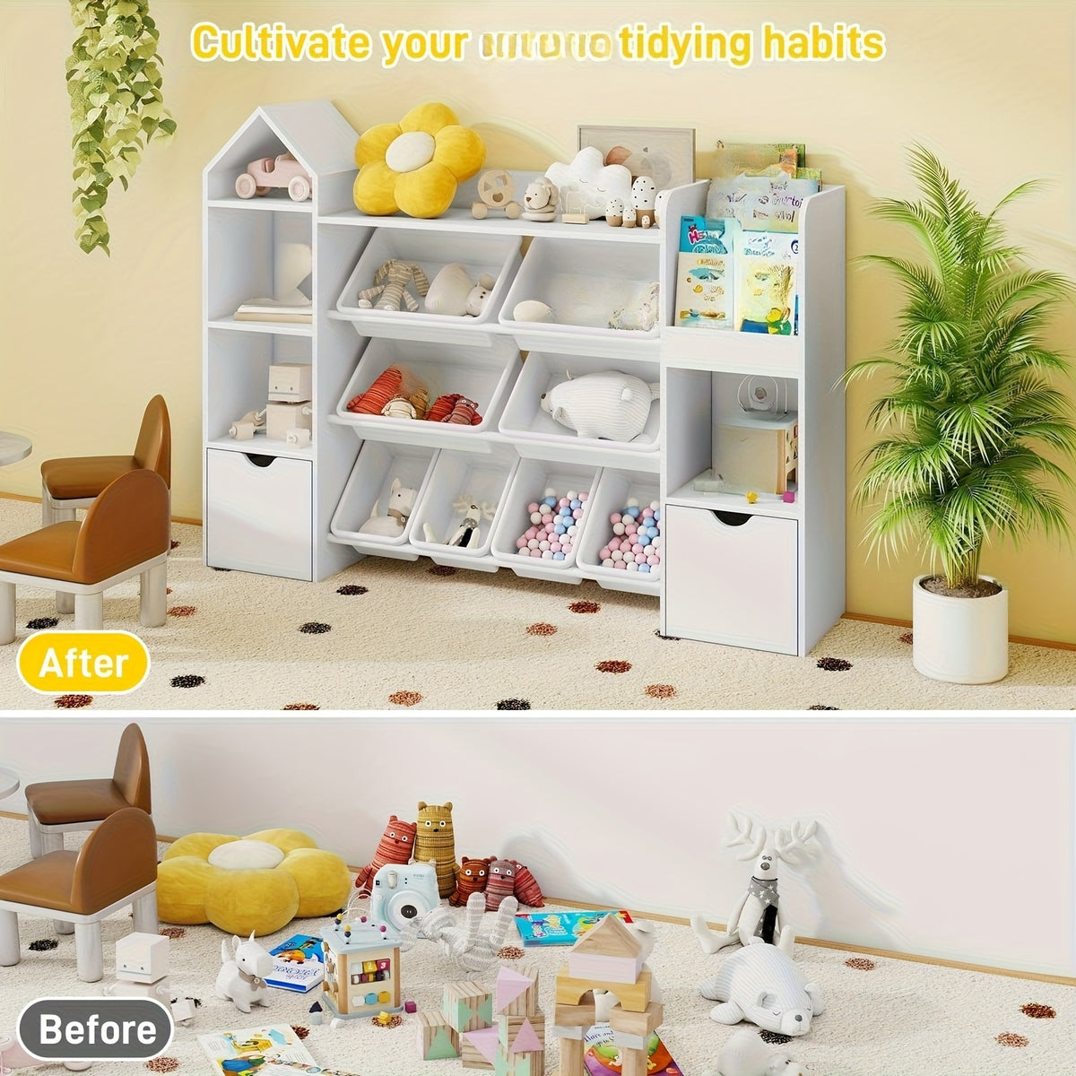 8-Bin Storage Organizer 8 Removable Bins, 4-Tier Shelf with 4 Cubbies Multifunctional Storage Organizer | Bookshelf and 2 Storage Boxes on Wheels, for Living Room, Office, Entryway, White