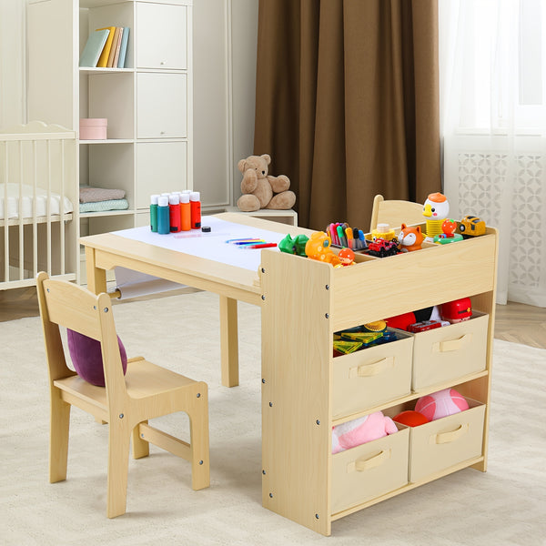 Children'S Table With 2 Chairs, Children'S Seating Group With Storage Space, Wooden Children'S Table Chair Set, Painting Table Desk With Paper Roll And 4 Storage Boxes, Children'S Table For School Daycare
