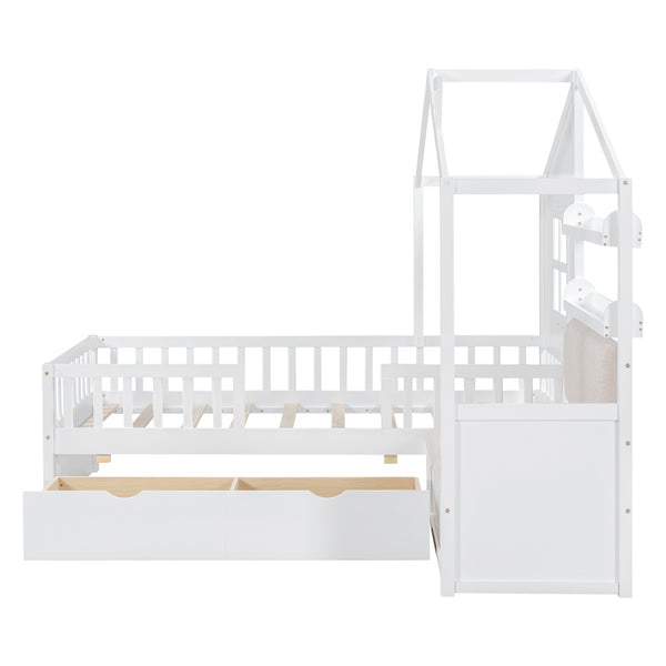 Twin Size House Bed with Sofa Platform Bed with Two Storage Drawers & Built-In Shelf - White Contemporary 'ouse-Shaped Bed Frame with Sturdy MDF\u002FPlywood Construction, Space-Saving Design for Small Rooms, Easy Assembly, 250lb Weight Capacity - Ideal