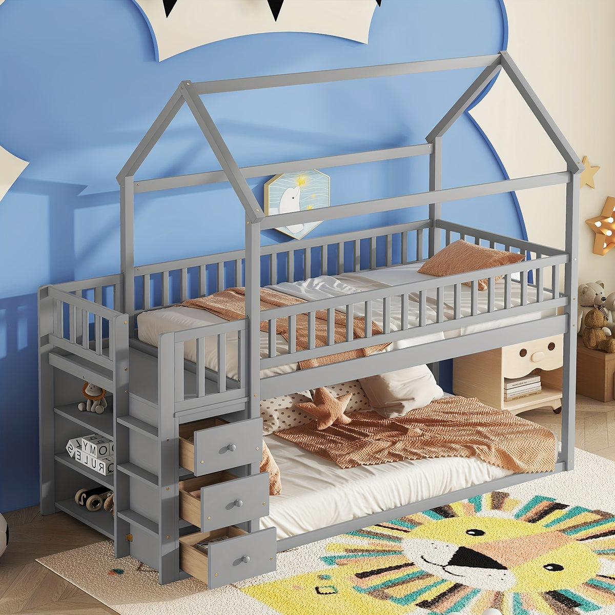 HOUSE BUNK BED WITH SHELVES AND DRAWERS FOR GREY COLOR