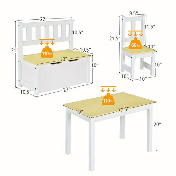 TANGKULA 4pcs Kids Wooden Activity Table & Chairs Set w\u002FStorage Bench Study Desk.