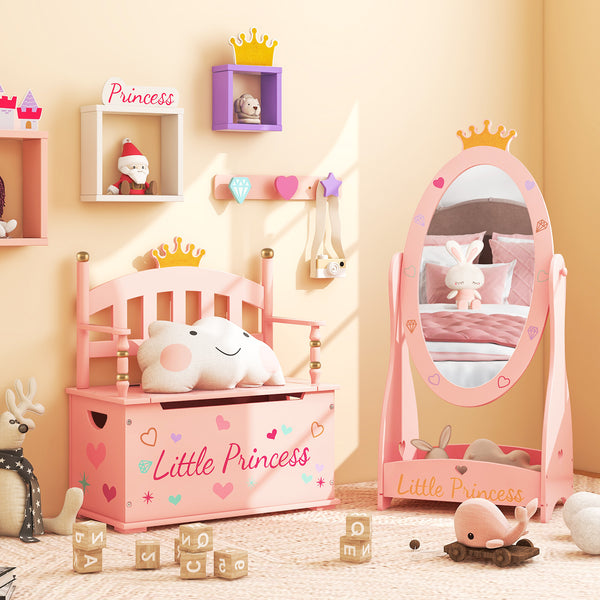 COSTWAY Kids Toy Storage Organizer, 2-in-1 Toy Storage Chest & Bench, w\u002F Safety Hinge & High Backrest, Cute Crown Pattern, Toy Storage Organizer for Kids Room, Playroom, Nursery