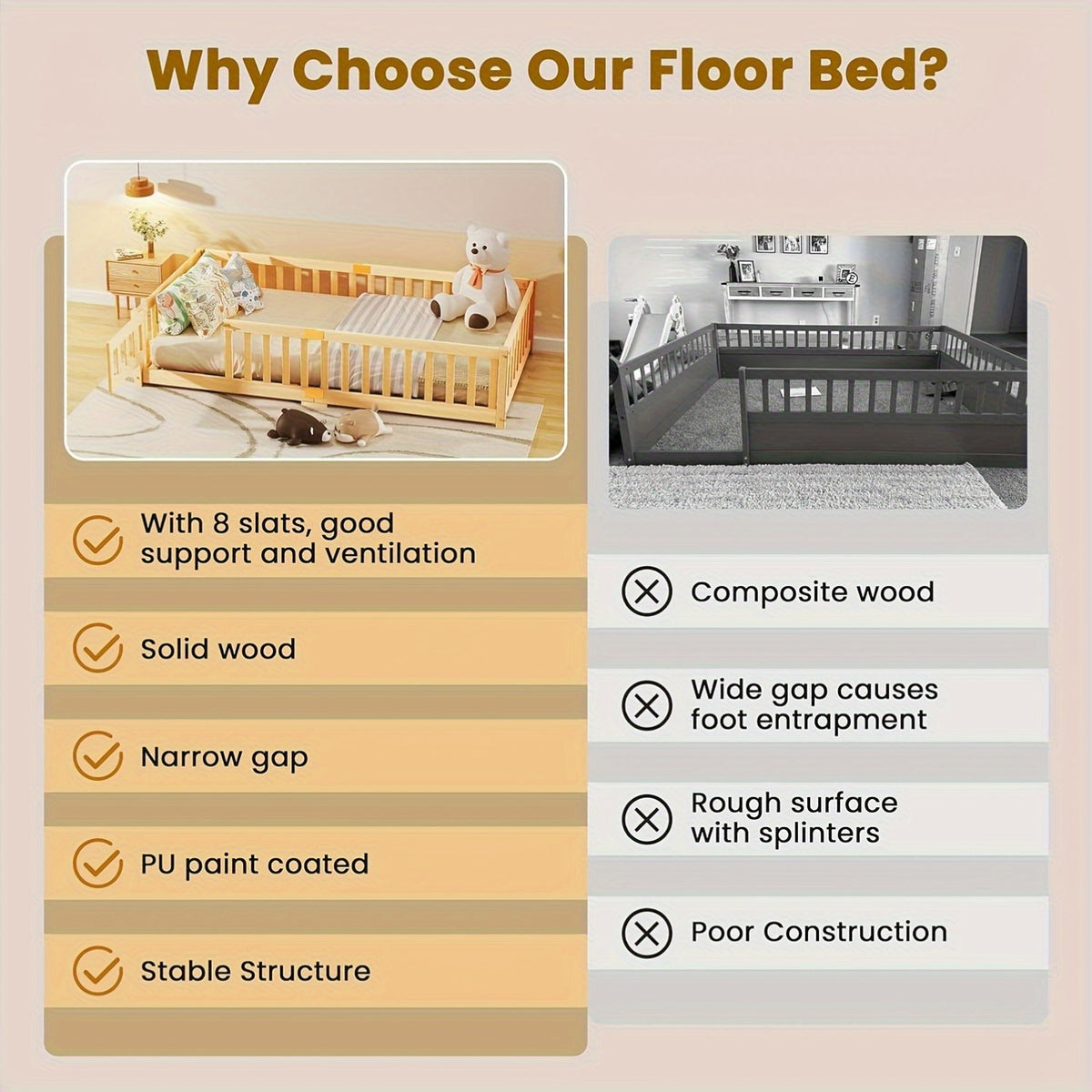 MOPHOTO Montessori Toddler Floor Bed With Safety Rails & Lockable Door - Full Size Kids Bed Frame For 1-3 Years Old, Natural Wood Child Bed For Safe Sleep & Independence Without Mattress