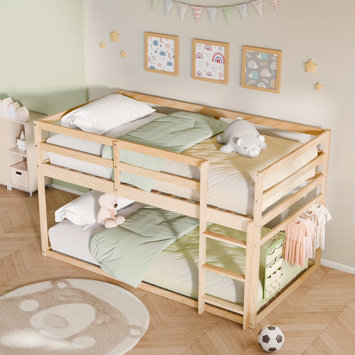 Bunk Low Bed, Solid Wood Twin Bunk Bed Frame With Full Guardrails And Integrated Ladder, Floor Bunk Bed For Bedroom