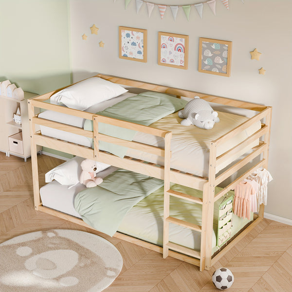 Bunk Low Bed, Solid Wood Twin Bunk Bed Frame With Full Guardrails And Integrated Ladder, Floor Bunk Bed For Bedroom